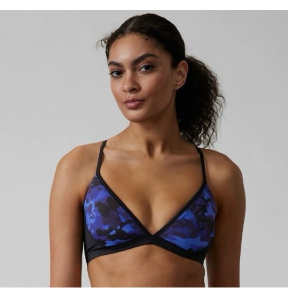 Athleta Freestyle Camo Blue  Bikini Top-Size S Black Teal Stringed Back